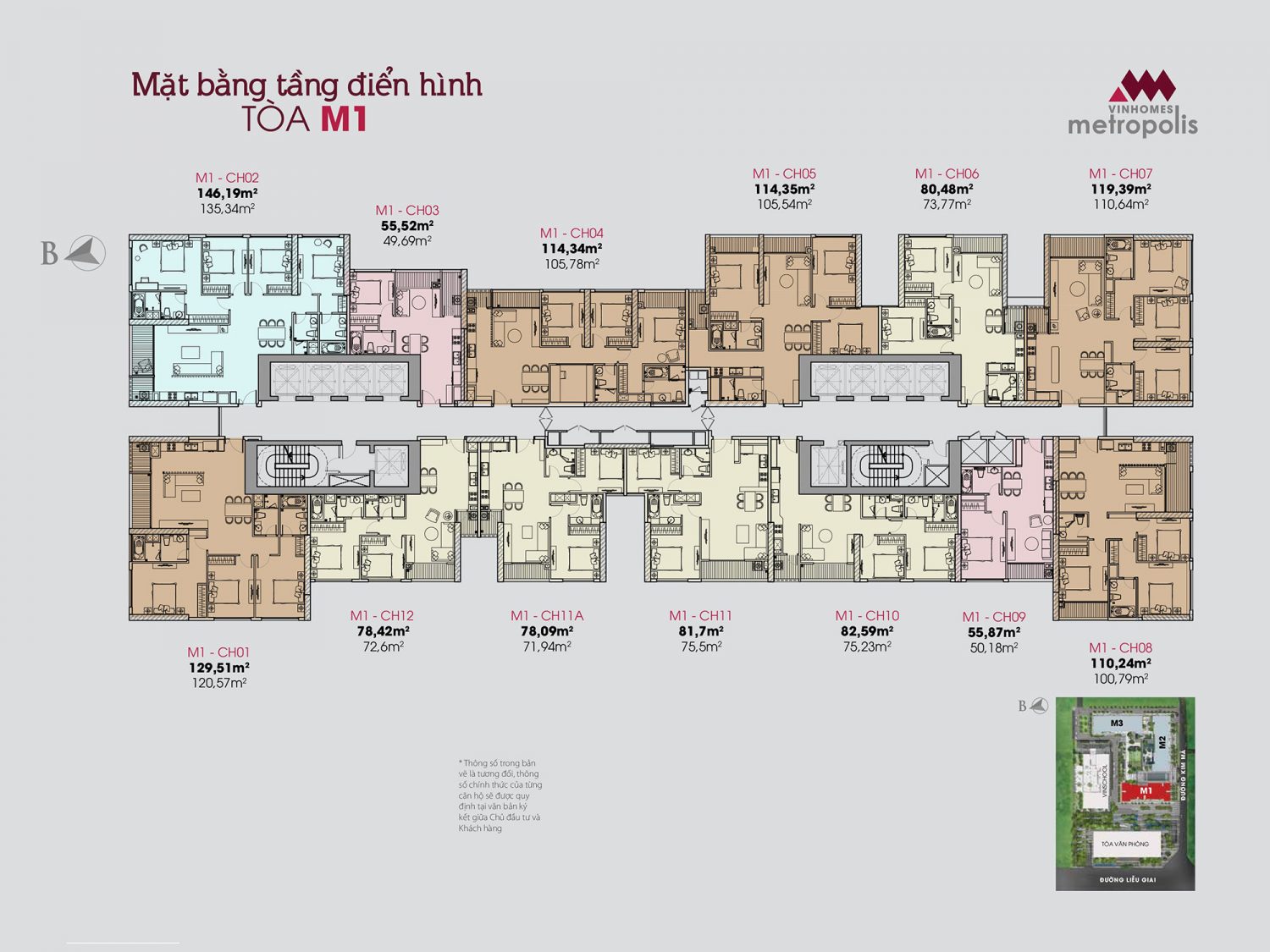 Mặt bằng tòa M1 Vinhomes Metropolis Liễu Giai