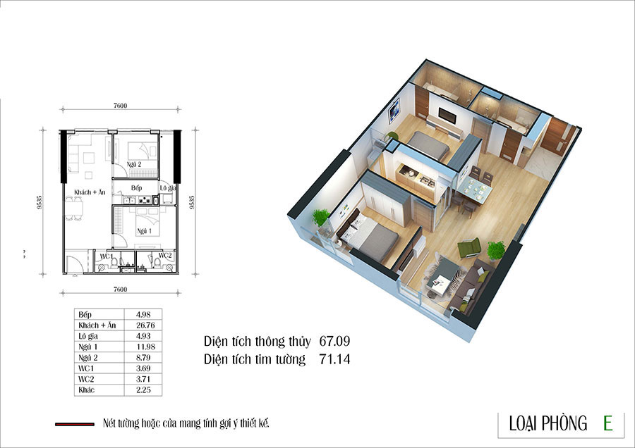 Thiết kế căn hộ 2 ngủ 67.09m2 chung cư An Bình Homeland
